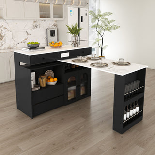 Retro Kitchen Island Set With Chairs, Extendable & Rotating Table, 4 Drawers & Door Cabinets