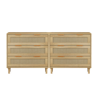 3 Drawers Rattan Storage Cabinet Rattan Drawer, For Bedroom, Living Room, Dining Room, Hallways (Set of 2) - Oak