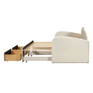Upholstered Daybed With Cloud-Shaped Backrest, Trundle & 2 Drawers And USB Ports