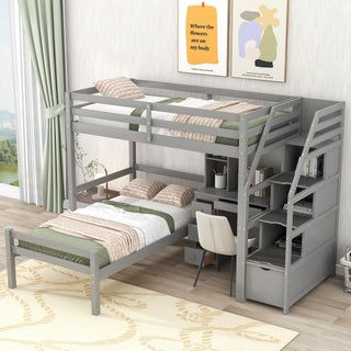 Loft Bed With Stand Alone Bed, Storage Staircase, Desk, Shelves, And Drawers