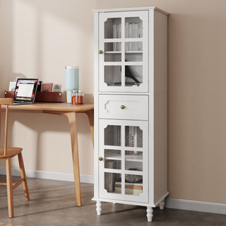Storage Cabinet, Freestanding Curio Cabinet With Grid Doors & Drawer, Pantry Display Cabinet For Kitchen