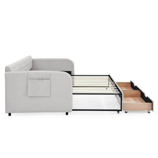 Daybed With Trundle And Storage Drawers, Flat Arms With Pocket