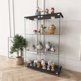 Modern Display Cabinet With LED Lights, Transparent Tempered Glass 2 Door Storage Case With 3 Shelves