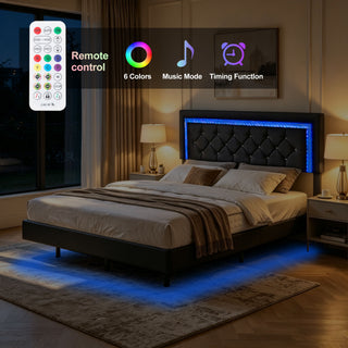 Platform Bed Frame With Adjustable Upholstered Headboard, RGB LED Lights, No Box Spring Needed