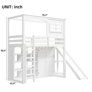 Twin Size Loft Bed With Wardrobe, Storage Shelves, Slide And LED - White
