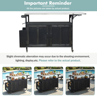 Foldable Outdoor Kitchen Island With Lockable Wheels, Storage Cabinet And Towel Rack For Patio