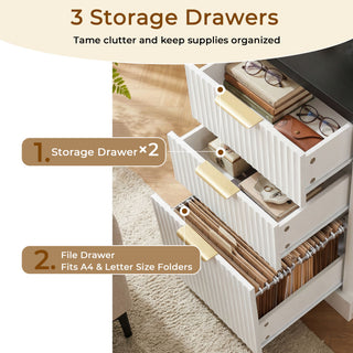 Fluted L-Shaped Desk With Charging Station & Storage Cabinet