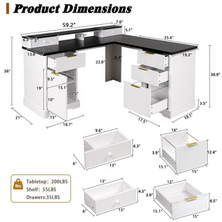 Fluted L-Shaped Desk With Charging Station & Storage Cabinet