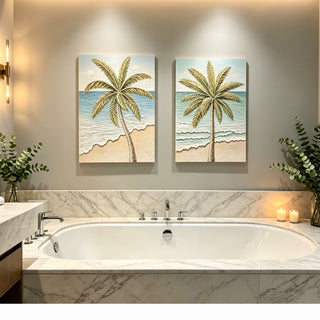 Palm Tree Wall Art, Beach Canvas Painting With Accents, Hand Painted Textured Tropical Decor (Set of 2) - Aqua Blue