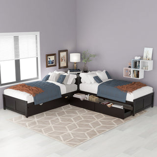 L Shaped Platform Bed With Trundle And Drawers Linked With Built In Desk