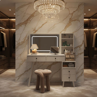 Fluted Vanity Desk With Lighted Mirror & Outlet 4 Drawer, Makeup Table - White
