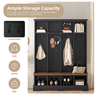 Hall Tree With 8 Hooks, Practical Entryway Bench With Open Compartments