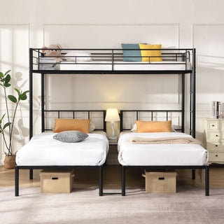 Twin Over Twin Over Twin Triple Bunk Bed With Safety Rails And Storage Shelf - Black
