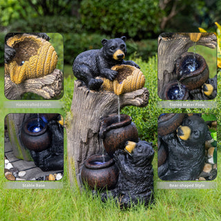 Bear Tree Stump Outdoor Water Fountain With LED Lights - Brown Gray