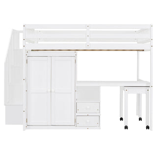 Loft Bed With Stairs, Bookshelf, Drawers, Desk & Wardrobe, Space Saving Multifunctional Furniture