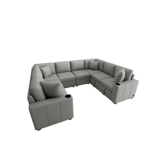 Modern U-Shaped Sectional Sofa Convertible Pull-Out Sofa Bed With USB Ports And Cup Holders
