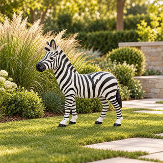 Standing Zebra Garden Statue, Animal Sculpture With 2 Ground Stakes For Outdoor Decor - Black White