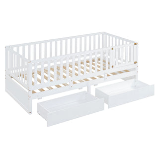 Daybed With Fence Guardrails And 2 Drawers, Split Into Independent Floor Bed & Daybed