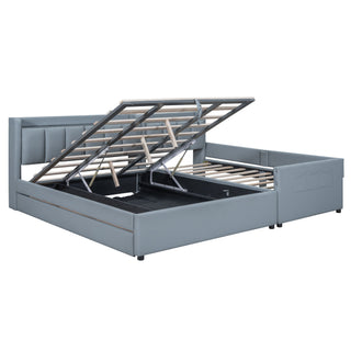 Upholstered Mother & Child Bed With Hydraulic Storage System, Drawer Box, Bedhead Storage Shelf And 2 Pairs Of Sockets & USB Ports