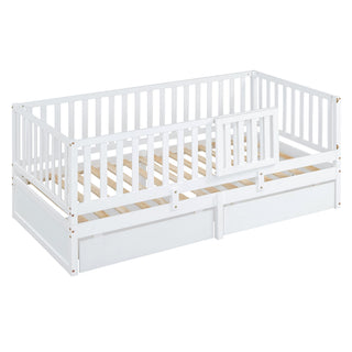 Daybed With Fence Guardrails And 2 Drawers, Split Into Independent Floor Bed & Daybed
