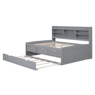 Captain Bed With Built In Bookshelves, 3 Storage Drawers, And Trundle