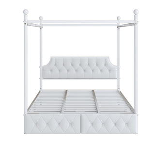 Queen Size Canopy Platform Bed With Upholstered Headboard And 2 Storage Drawers - White