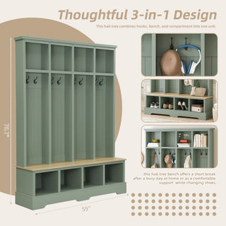 Hall Tree With 8 Hooks, Practical Entryway Bench With Open Compartments