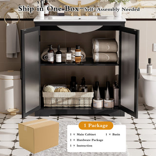 Modern Bathroom Vanity With Ceramic Sink, Tempered Blurred Glass Doors