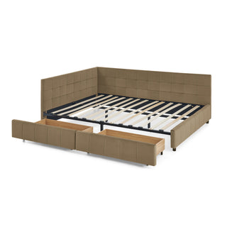 Mid-Century Storage Upholstered Tufted Bed Frame With Backrest And Armrests