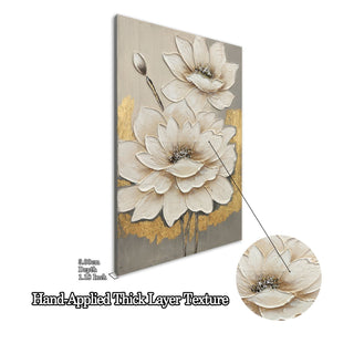 Lotus Flower Canvas Wall Art, Hand Painted Thick Textured Floral Painting With Accents, Neutral Decor For Living Room - Antique White / Gray