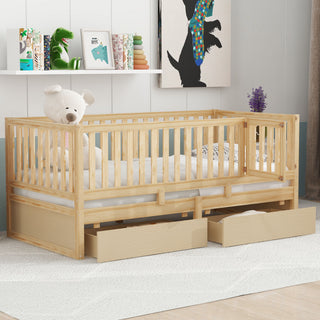 Daybed With Fence Guardrails And 2 Drawers, Split Into Independent Floor Bed & Daybed