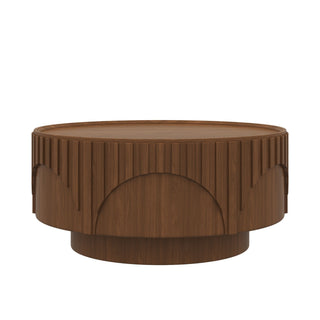 Round Fluted Drum Coffee Table With Sturdy Base For Living Room