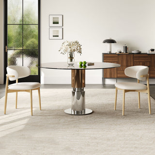 Round Dining Table & Tempered Glass Top - Brown