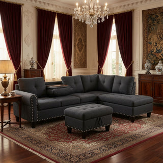 L - Shaped 3 Piece Sectional Sofa With Chaise, Storage Ottoman & Cup Holders