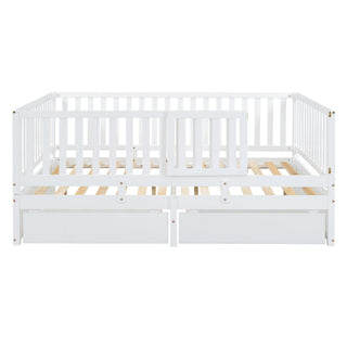 Daybed With Fence Guardrails And 2 Drawers, Split Into Independent Floor Bed & Daybed