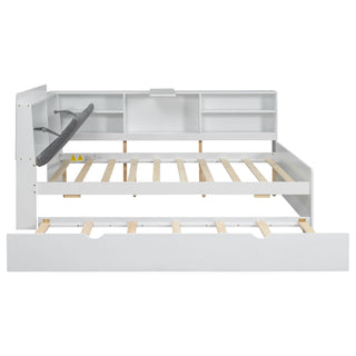 Platform Bed With Trundle, Shelves, And Storage Headboard