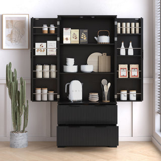 Fluted Kitchen Pantry Cabinet With 2 Large Drawers & 8 Door Spice Rack Freestanding Storage Organizer - Black