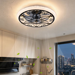 20" Caged Ceiling Fan With Remote Control And Crystal Sand Lampshade - Matte Black