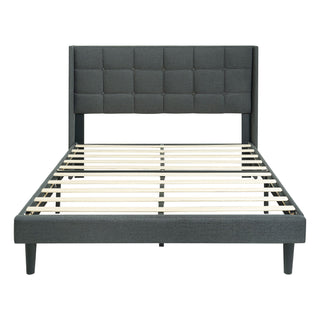Queen Size Upholstered Platform Bed Frame With Button Tufted Linen Fabric Headboard - Dark Gray
