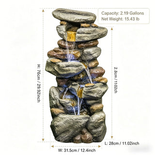 Stacked Rock Waterfall Fountain With LED Lights For Garden - Gray