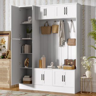 Tall Hall Tree With Shoe Storage, 4 In 1 Entryway Bench With 6 Cabinets, 4 Coat Hooks & Adjustable Shelf For Hallway - White