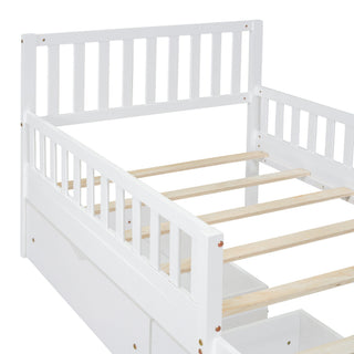 Platform Bed With Guardrails On Both Sides And 2 Storage Drawers
