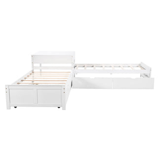 L Shaped Platform Bed With Trundle And Drawers Linked With Built In Desk