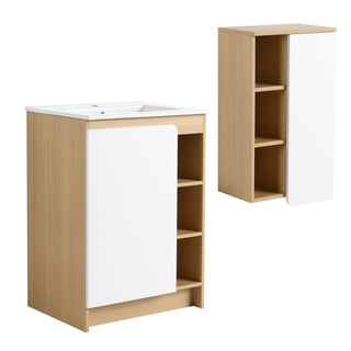 24" Bathroom Vanity With Sink & Wall Mounted Side Cabinet, Vanity Set With Thin Edge Sink, Interchangeable & Door Panels, Open & Hidden Storage - Black / Light Oak / White