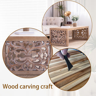 Rustic Carved Wood Coffee Table, Handcrafted Look With Ornate Side Panels