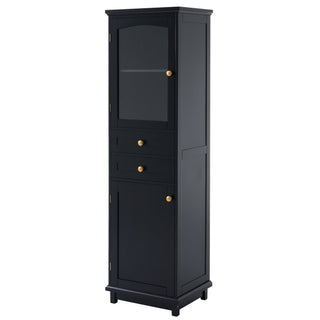 Tall Bathroom Storage Cabinet With Glass Doors, Free-Standing, Two Drawers, And Adjustable Shelves, Board, Painted Perfect For Displaying Your Favorite Items