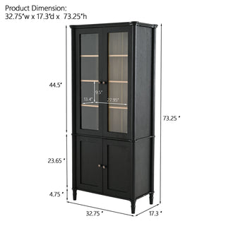 Vintage Display Cabinet With Double Glass Doors, Traditional Style For Collectibles, Ash Wood Veneer, 73.25" Tall - Black / Natural