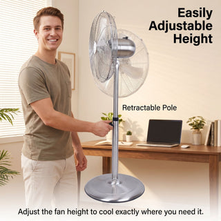 Stand Fan, 4 Blades, Rotary Knob Switch, Oscillation Function, Tilting Angle - Chrome