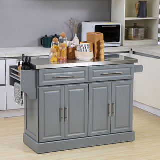 Homcom - Rolling Kitchen Island With Storage, Portable Kitchen Cart With Stainless Steel Top, 2 Drawers, Spice, Knife And Towel Rack And Cabinets