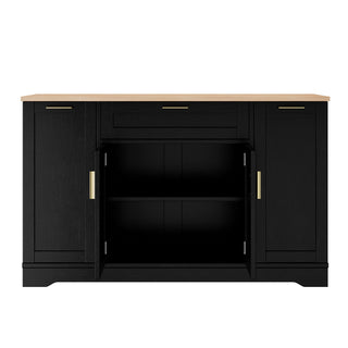 Trexm Multi-Functional Storage Sideboard, Extendable Dining Table, Adjustable Shelves, 3-Tier Pull-Out Rack, Kitchen Island Storage For Kitchen, Dining Room, Living Room (Black)